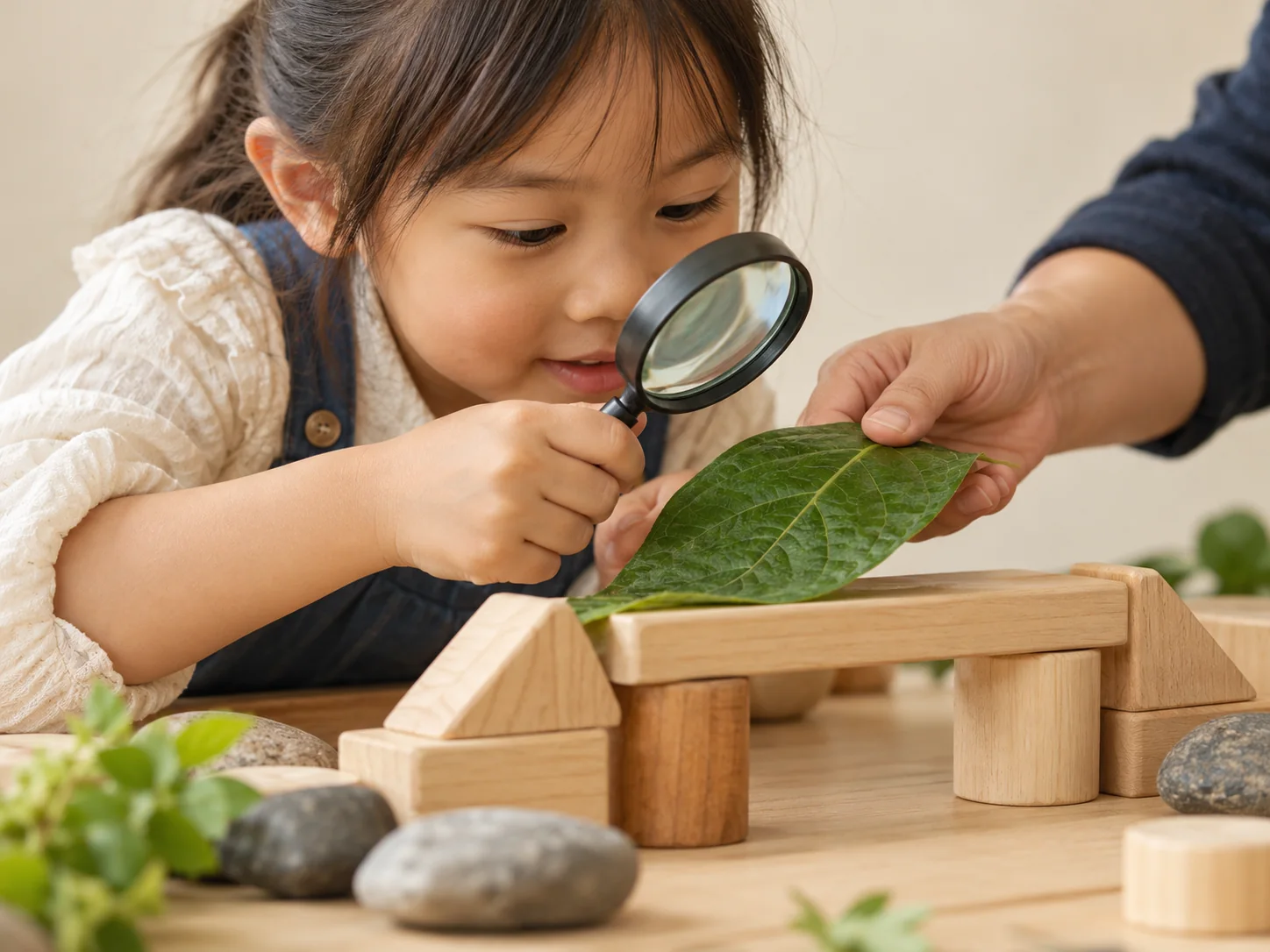 孩子觀察葉片並嘗試積木搭建，課程情境示意