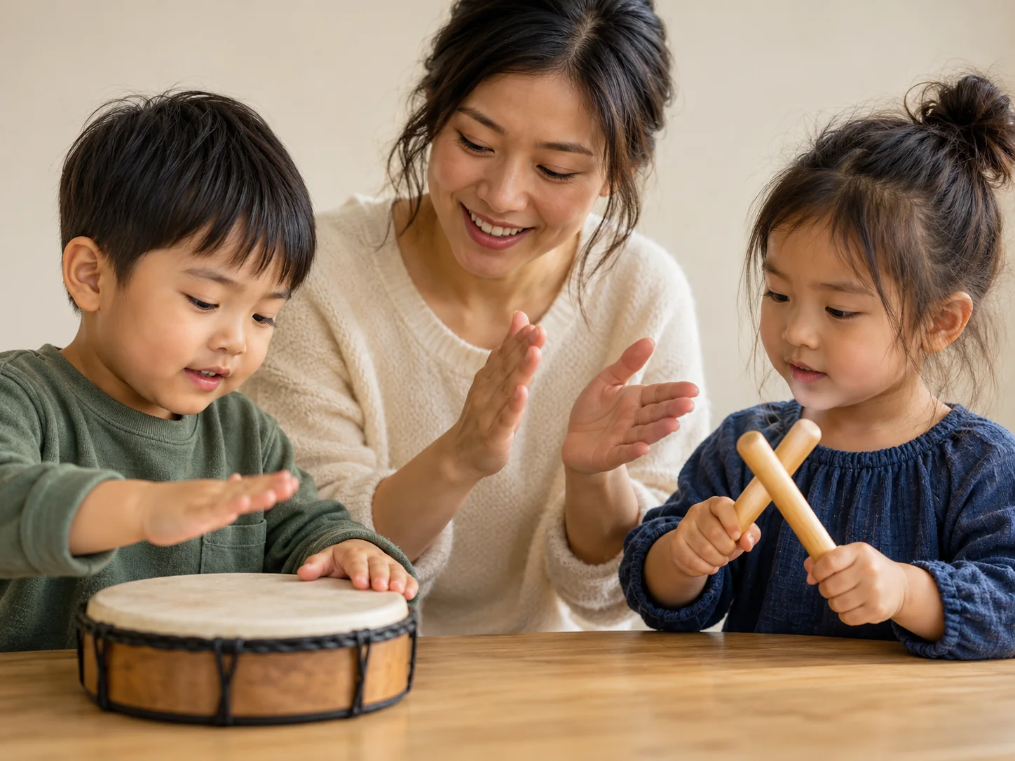 孩子通過手鼓與節奏棒參與音樂互動，課程情境示意