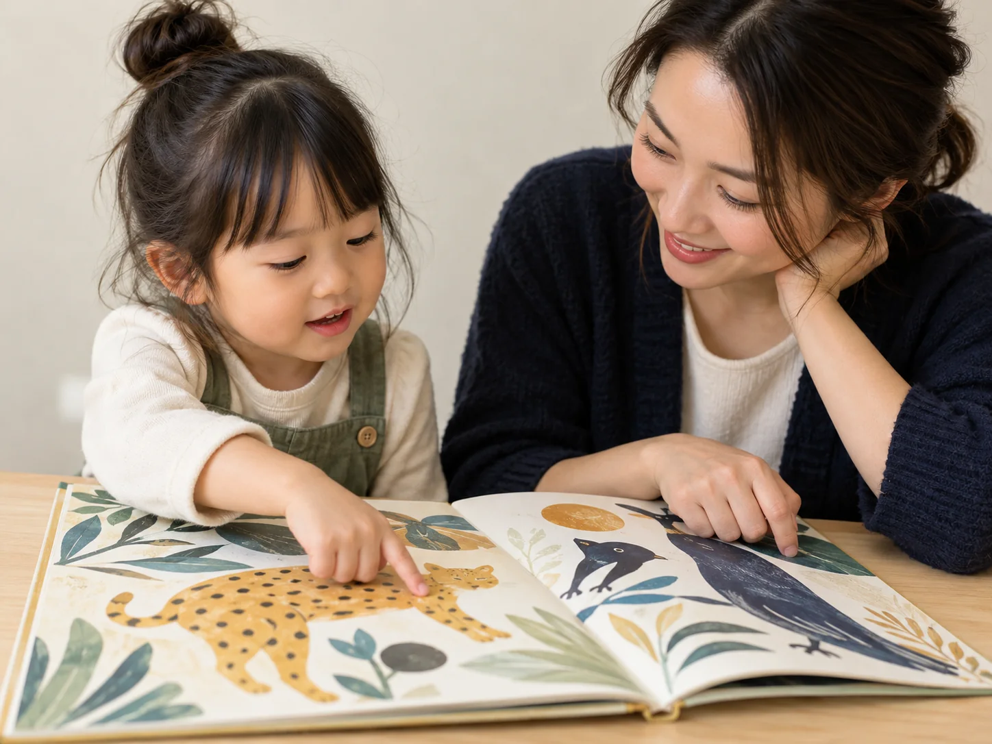 孩子與老師一起觀察繪本畫面，課程情境示意